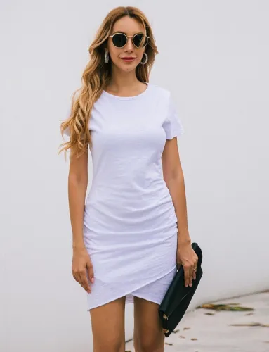 Summer Plain Round Neck Wrapped Shirt Dress