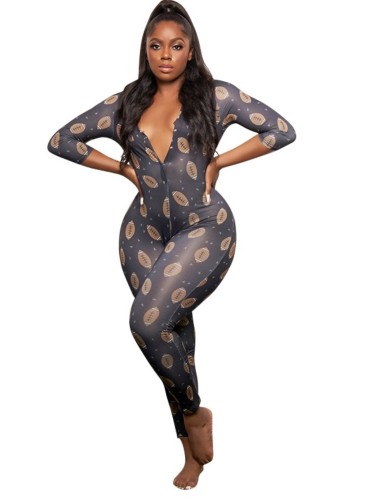Plus Size Print Long Sleeve Bodycon Jumpsuit