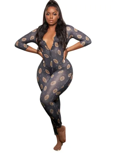 Plus Size Print Long Sleeve Bodycon Jumpsuit