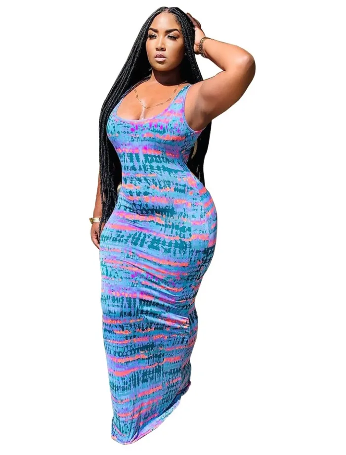 Plus Size Tie Dye Long Tank Fitted Dress