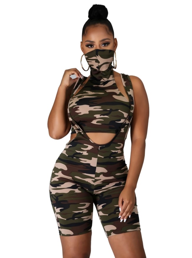 Summer Camou Matching Crop Top and Suspender Shorts Set