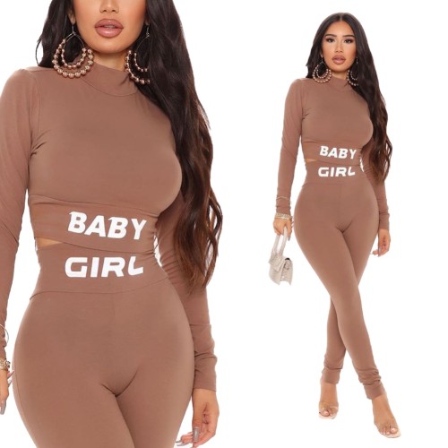 Sports Print Long Sleeve Crop Top and Pants Set