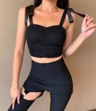 Black Lace Strap Knotted Crop Top