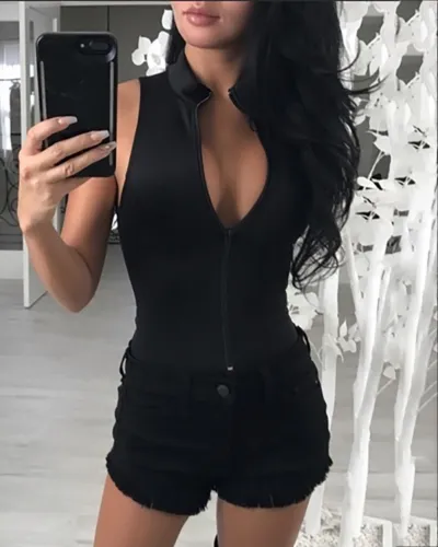 Sexy Black Sleeveless Zipper Bodysuit