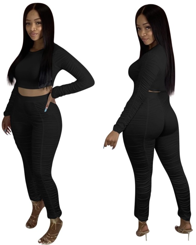 Autumn Sexy Matching Crop Top and Stacked Pants Set