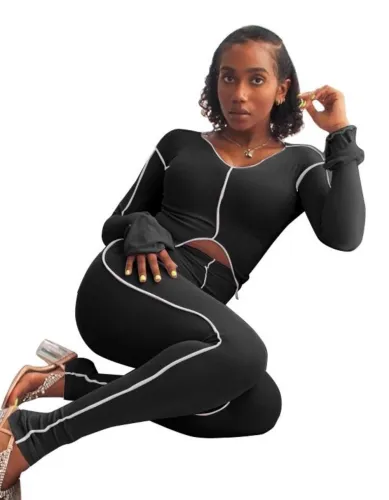 Autumn Matching Sexy Crop Top and High Waist Pants Set