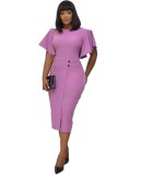 Solid Color Mature Midi Dress with Wide Cuffs