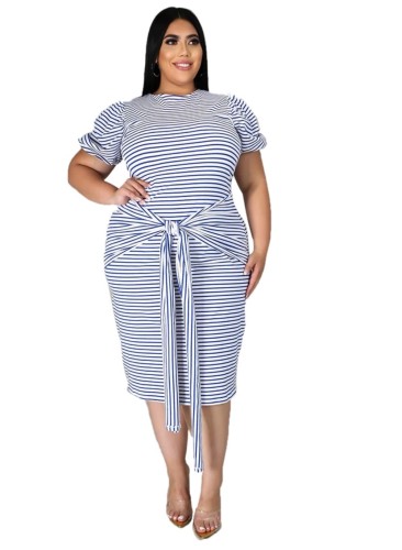 Plus Size Summer Striped Midi Dress with Belt