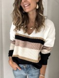V Neck Striped Multi-Color Pullover Sweater