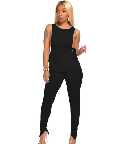 Sexy Black Knotted Shirt and Stacked Pants Set