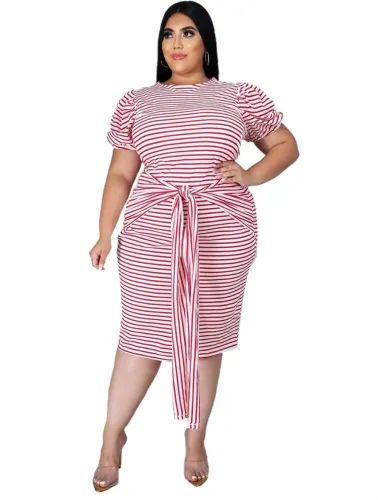 Plus Size Summer Striped Midi Dress with Belt