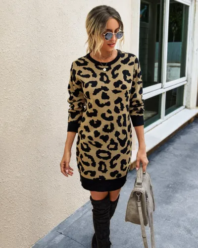 Falls Round Neck Leopard Knit Dress