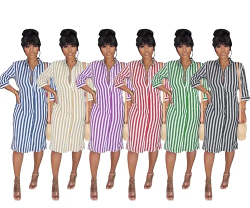 Fall Striped Blouse Dress with 3/4 Sleeves