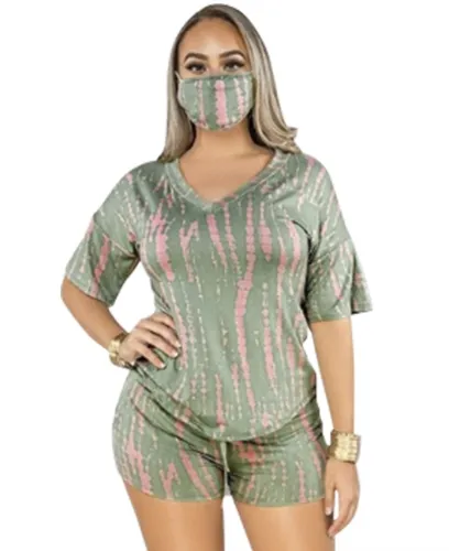 Summer Tie Dye Two Piece Shorts Set with Face Cover