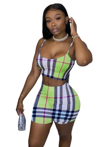 Plaid Print Sexy Strap Crop Top and Biker Shorts Set