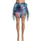Tie Dye High Waist Tassels Denim Shorts