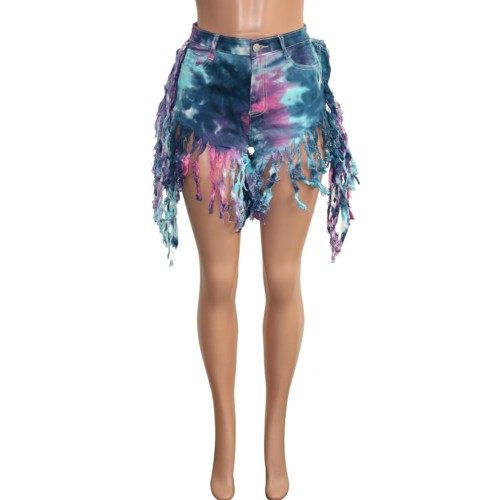 Tie Dye High Waist Tassels Denim Shorts