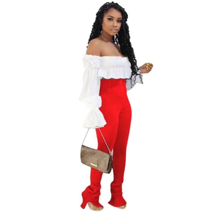 Sexy Off Shoulder Ruffle Crop Top and High Waist Slit Pants