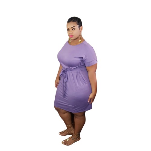 Plus Size Solid Color O Neck Shirt Dress with Belt