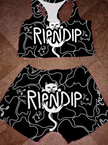 Summer Cute Print Two Piece Biker Shorts Set