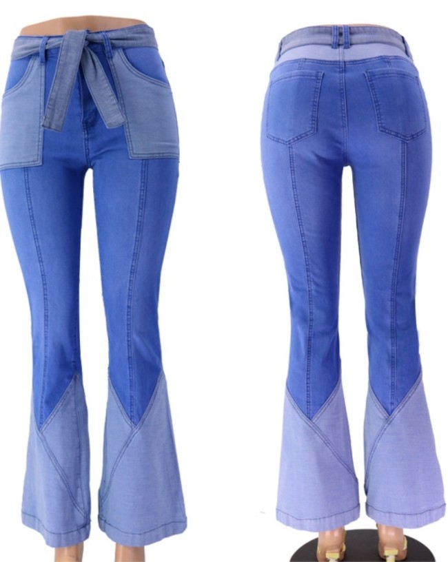 Bell Bottom Patchwork Western Jeans with Belt