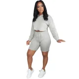 Autumn Solid Color Hoody Crop Top and Shorts Set