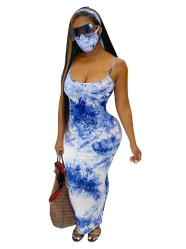 Sexy Tie Dye Strap Maxi Dress with Face Cover and Headband