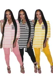 Casual V Neck Stripes Slit Shirt and Tight Legging Set
