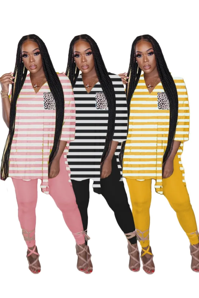 Casual V Neck Stripes Slit Shirt and Tight Legging Set