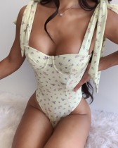 Yellow Floral Sexy Knotted Strap Vintage Bodysuit