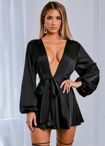 Sexy Deep-V Plain Club Dress with Puff Sleeves