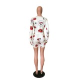 Lips Print Long Sleeve Crop Top and Shorts Set