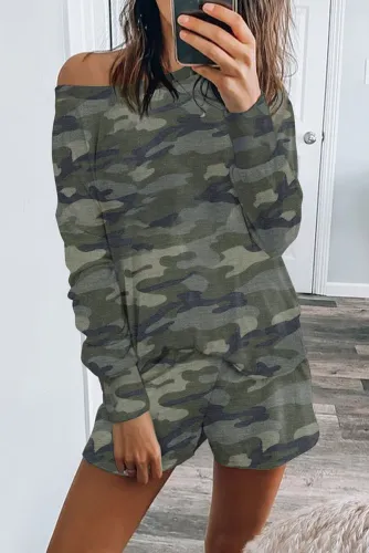 经典迷彩印花长袖上衣抽绳短裤休闲家居服