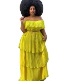 Plus Size Yellow Off Shoulder Pleated Long Maxi Dress