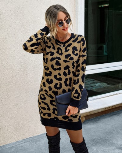 Falls Round Neck Leopard Knit Dress
