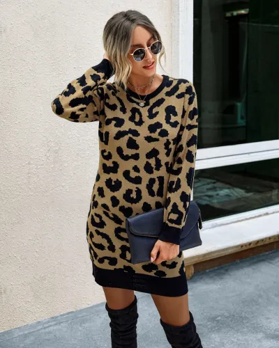 Falls Round Neck Leopard Knit Dress