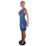 Denim Blue Button Up Strap Bodycon Dress