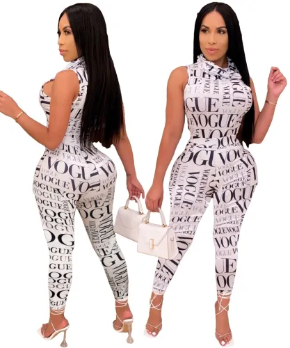 Print White Sexy Two Piece Bodycon Pants Set