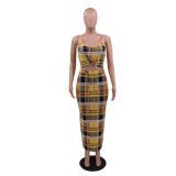 Plaid Print Sexy Strap Crop Top and Pencil Skirt Set