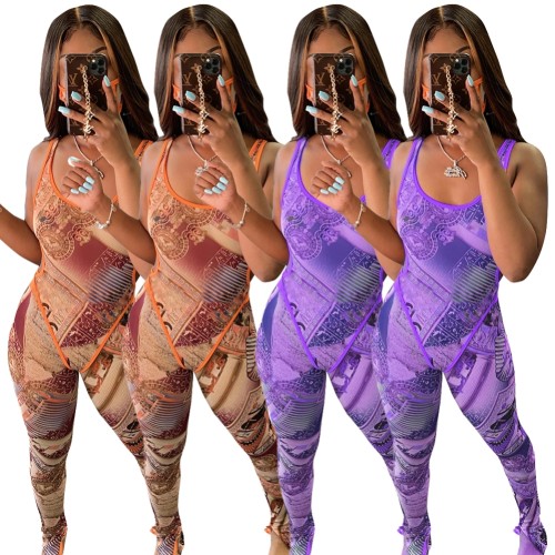 Sexy Print Two Piece Bodycon Jumpsuit