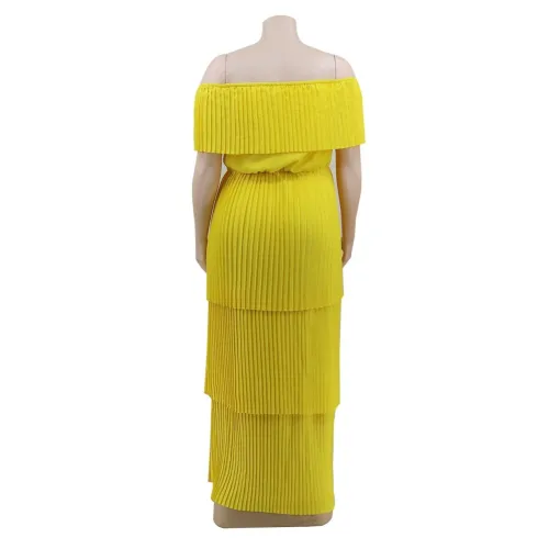 Plus Size Yellow Off Shoulder Pleated Long Maxi Dress