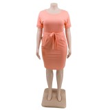 Plus Size Solid Color O Neck Shirt Dress with Belt