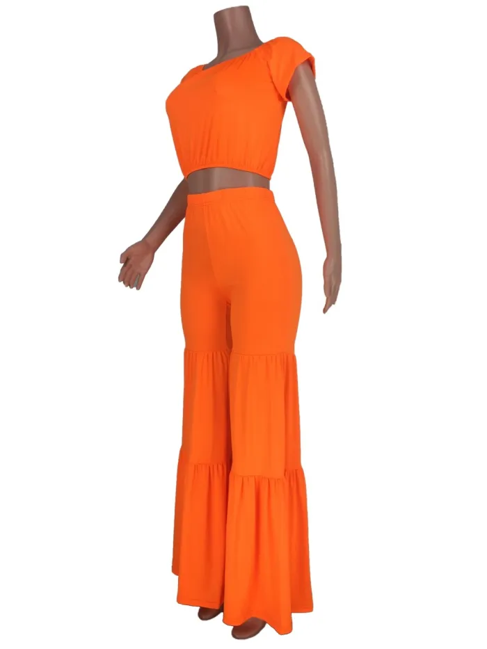 Matching Solid Color Off Shoulder Crop Top and Loose Pants Set
