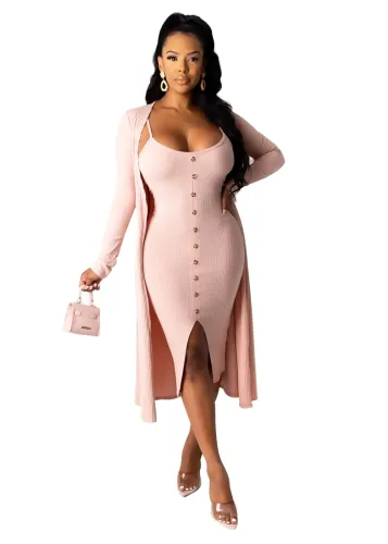 Solid Color Two Piece Dress with Matching Cardigans