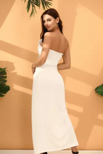 Solid Color Strapless Slit Evening Dress