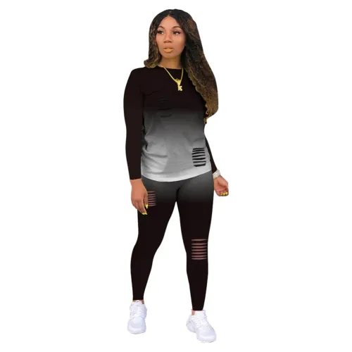 Gradient Two Piece Matching Ripped Pants Set