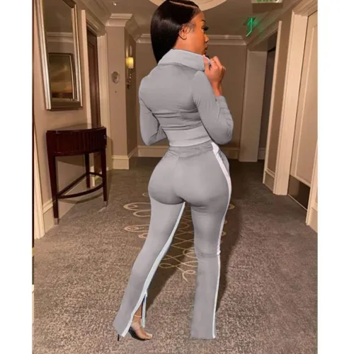 Autumn Matching Zipper Crop Top and Slit Zipper Pants Set