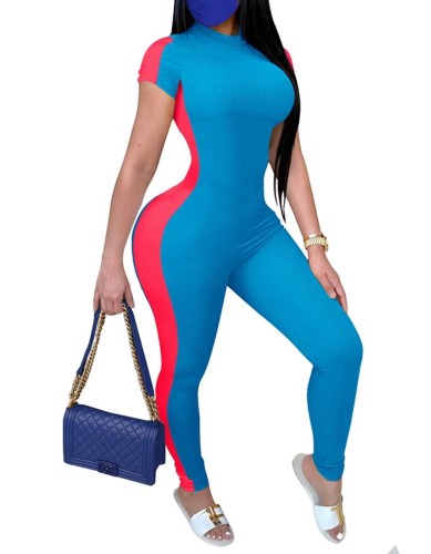 Sexy Short Sleeve Contrast Bodycon Jumpsuit