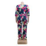 Plus Size Colorful Geommetric Jumpsuit with Belt