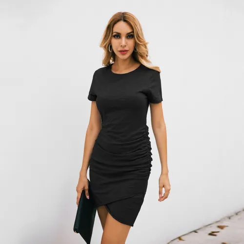 Summer Plain Round Neck Wrapped Shirt Dress